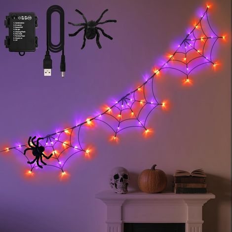 Beleuchtete Spinnennetz-Dekoration für Halloween, 1,8 Meter (6 Fuß), 60 LEDs, batterie-/USB-betrieben, schwarzes Spinnenmuster, mit Timer, 8 Modi, geeignet für den Innen- und Außenbereich, perfekt für (1/5)