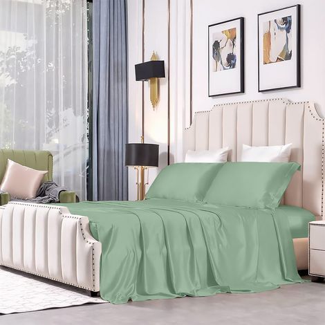 Completo Letto Set Lenzuola 100% Raso Di Cotone Set Lenzuolo Sopra Sotto Matrimoniale Federe Due Piazze Lucido Salvia