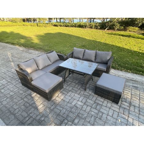Fimous Garden Furniture Canapé Set Table à manger rectangulaire 2 Grand tabourets Intérieur Extérieur 8 places Rattan Set Gris foncé mixte (1/5)
