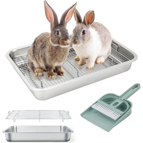 Grande litière pour lapin en acier inoxydable avec grille, balayette (1/5)
