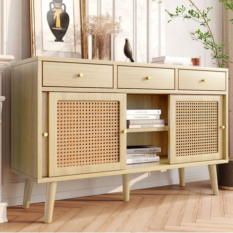 Credenza in MDF color rovere con 3 cassetti e 3 ante scorrevoli, ripiani regolabili, 120x40x78 cm (1/5)