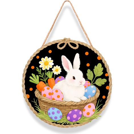 Panneau Porte Pâques - Lapin En Bois Rond Avec Œufs Et Carottes - Décoration Extérieure Pour Porte D'Entrée Ou Porche - 1 Pièce (1/2)