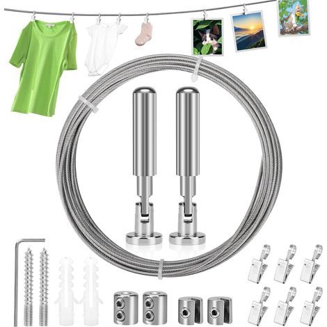 Tendicavo lungo 5 m per montaggio a parete, soffitto o nicchia - Cavo in acciaio inox da 2 mm - Sistema di serraggio - Tenda con 6 clip metalliche - Con tutto il materiale necessario