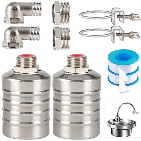 Lot de 2 vannes à flotteur, contrôle du niveau d'eau de 1/2" à 3/4", acier inoxydable 304. Vanne d'arrêt d'eau entièrement automatique, régulateur de niveau d'eau automatique pour réservoir, piscine,  (1/5)