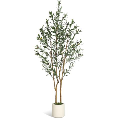 Olivier artificiel 150 cm – tronc naturel, fruits réalistes, pot blanc imitation céramique et mousse verte – Déco intérieur salon moderne bureau (1/5)