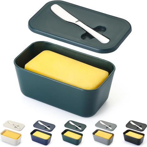 Beurrier avec couvercle pour étagère de comptoir et de porte de réfrigérateur, porte-beurre en plastique, récipient à plateau avec couteau à beurre, lavable au lave-vaisselle (1/5)
