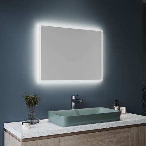 SONNI Badspiegel Badezimmerspiegel LED Beleuchtung Wandspiegel 80x60 cm kaltweiß licht Wandschalter Energiesparender,IP44 (1/5)