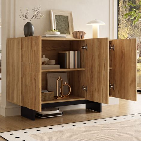 Buffet 3 portes, 105x33,5x76 cm, étagères réglables, façade géométrique 3D, en MDF et bambou, naturel et noir (1/5)