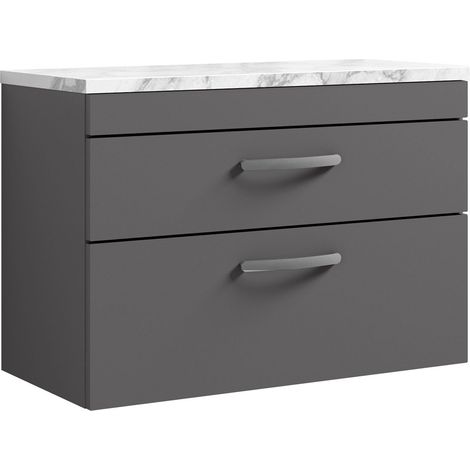 Nuie Athena Wall Hung 2-Drawer Vanity Unit with Carrera Marble Worktop 800mm Wide - Gloss Grey (1/4)