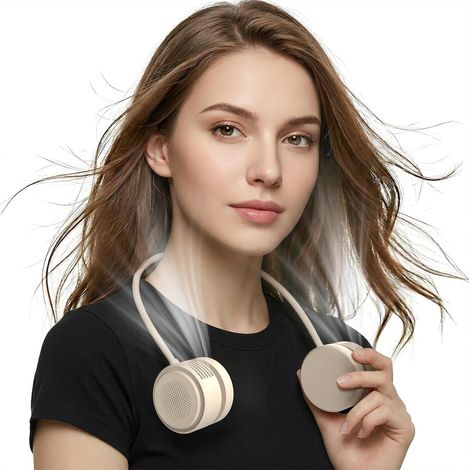 Mini ventilador portátil para el cuello, 2000 mAh, manos libres, 3 velocidades, recargable por USB, compacto y elegante para la oficina, viajes, playa y camping - Albaricoque