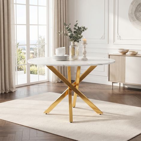 Table de salle à manger ronde (80 x 80 x 75 cm) avec plateau en marbre et pieds dorés. Peut également servir de table basse ou d'appoint. Style moderne et minimaliste, or et blanc. (1/4)