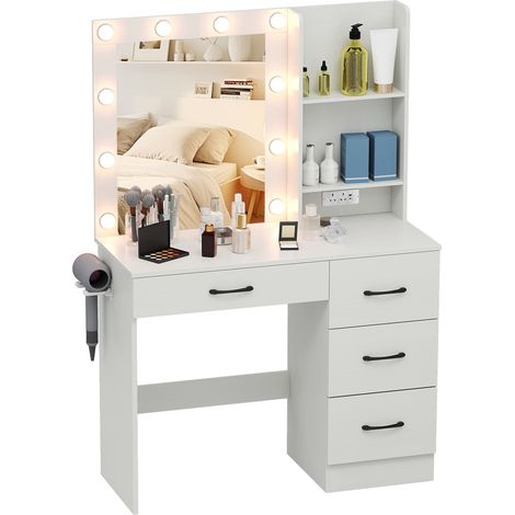 COSTWAY Makeup Vanity Desk Dressing Table with Mirror and Lights-White