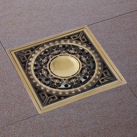 Siphon de sol carré épais, style antique, tout en cuivre, pour salle de bain extérieure sur balcon. Anti-odeurs et anti-insectes. Dimensions : 10 x 10 cm. (1/5)