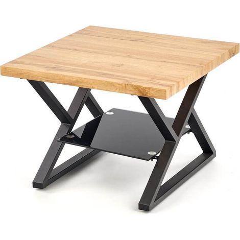 Table basse carrée avec pieds acier noir plateau aspect chêne et étagère en verre Hulla (1/5)