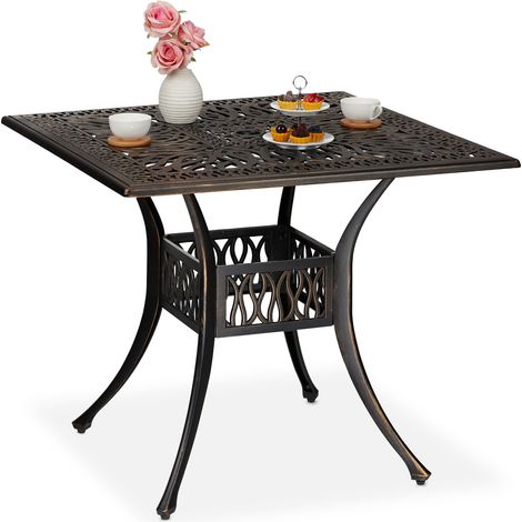 Relaxdays Tavolino da Giardino, con Foro per Ombrellone, Tavolo Quadrato 75 x 90 x 90 cm, Lega di Alluminio, Nero Bronzo