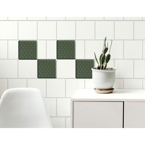Sticker adhésif déco 15x15 cm, motifs dorés sur fond vert abstrait, pour homestaging et carrelage intérieur. (1/2)