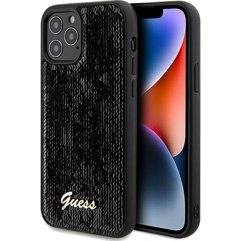 Guess GUHCP12MPSFDGSK Custodia rigida nera/nera per iPhone 12/12 Pro 6.1" con scritta in paillettes e metallo (1/5)