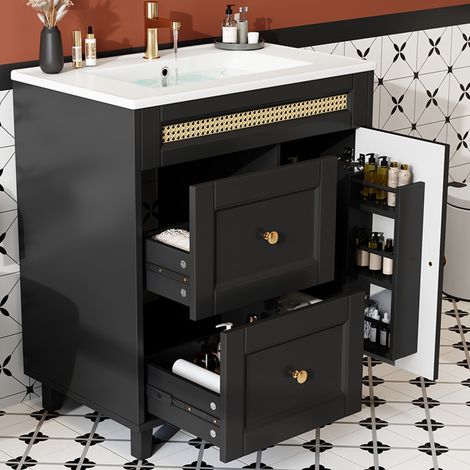 Mobile bagno a pavimento 76x46x86,5 cm con lavabo, 2 cassetti e 2 ante, MDF e ceramica, nero (1/5)