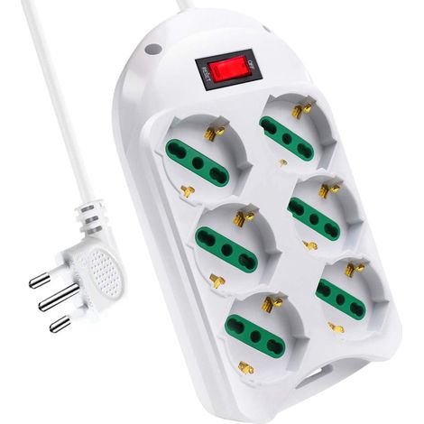 Multipresa Ciabatta Elettrica Con 6 Prese Schuko 10/16A Interruttore Spina 10A Laterale Cavo 1,5M Bianco