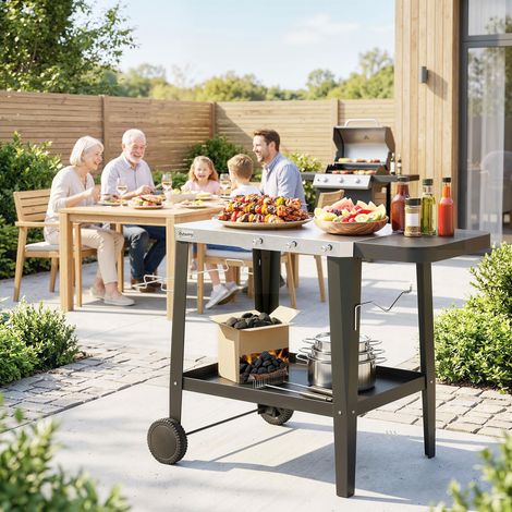 Desserte de jardin 2 niveaux, plateau en inox table latérale pliable et roulettes, 115x67.5x80.5cm, noir
