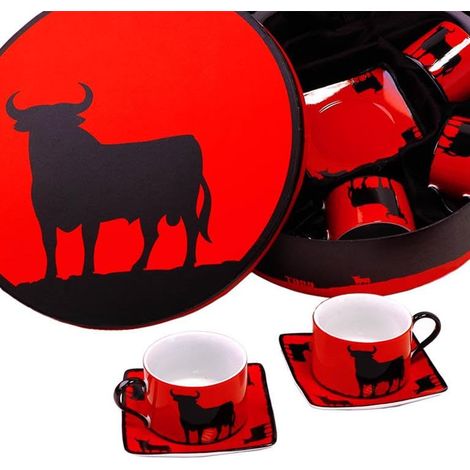 Set café 6 Tasses avec Assiette en Taureau Rouge et Noir Tasse 11x5 cm