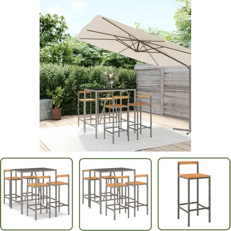 The Living Store Ensemble de bar jardin 5 pcs gris poly rotin/bois massif acacia - Ensemble Salon De Jardin - Mobilier De Jardin - Table De Bar - Chaise De Bar - Résine Tressée (1/5)