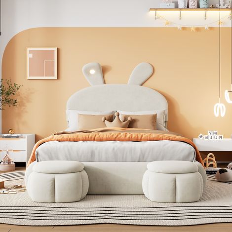 Lit enfant 140 x 200 cm lit double avec rangement sous le lit et 2 tabourets de rangement,oreilles de lapin LED réglable,beige