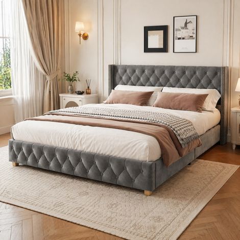 Letto 140x190 cm in velluto grigio con doghe, per camere piccole, senza materasso – MEUBLIV (1/5)