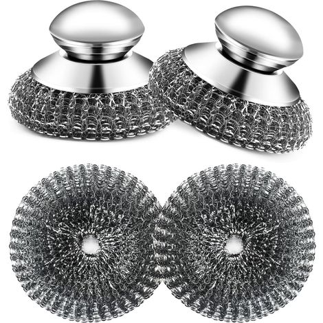 Lot de 4 brosses à récurer en acier inoxydable avec poignée en acier inoxydable, pour nettoyer la vaisselle, la fonte, les casseroles, les poêles, les grillades (1/5)