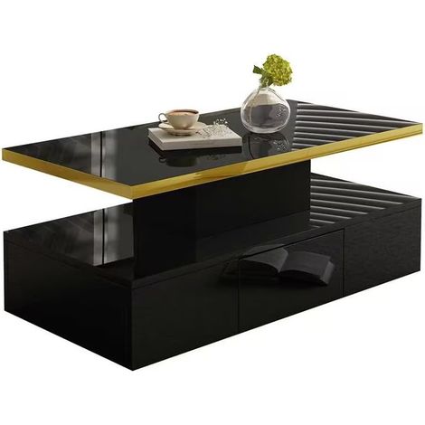Table basse avec tiroir et double plateau LED, finition noir brillant, meuble de salon compact en panneau de particules, idéale pour petits espaces CHICFURN (1/5)