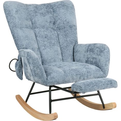 Blauer Schaukelstuhl aus Cord mit integrierter Fußstütze – die perfekte Kombination aus Komfort und Entspannung.