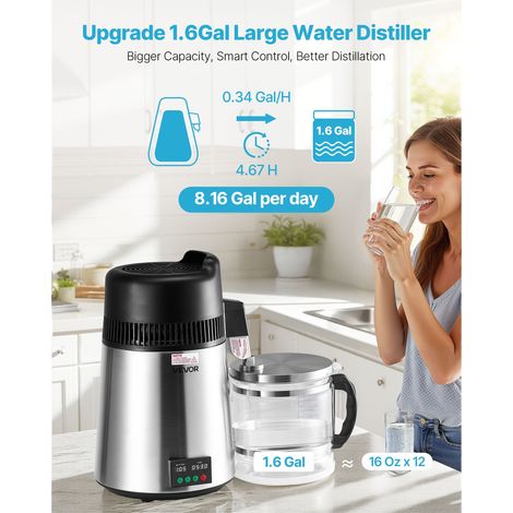 Distillateur d'Eau 6 L, Purificateur d'Eau de Comptoir, 900 W, Rendement 1,3 L/h, en Acier Inoxydable, avec Carafe en Verre et Acce… (1/5)