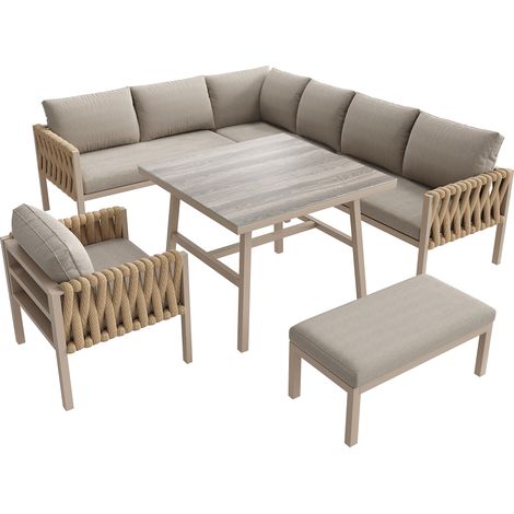 Ensemble de mobilier de jardin, ensemble en corde avec structure en fer galvanisé, pieds réglables, canapé d’angle, plateau en verre trempé, coussins d’assise et de dossier inclus, beige (1/5)