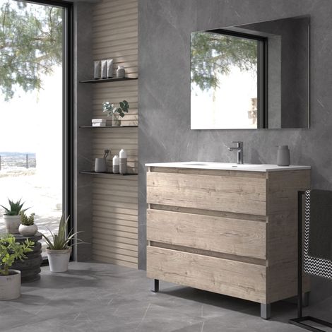 Meuble de salle de bain OROSI 3 tiroirs 80 cm Nature avec lavabo