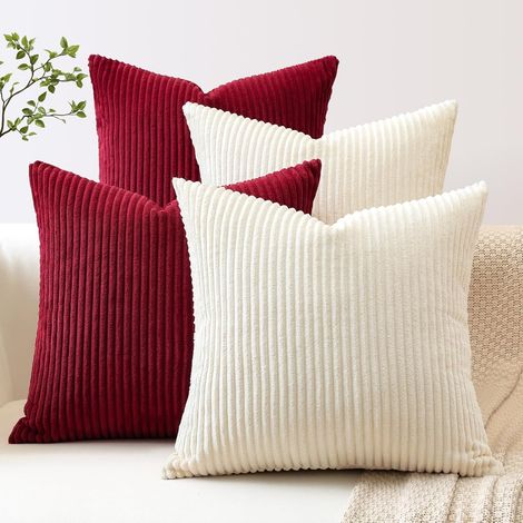 Lot de 4 Housse de Coussin en Velours Côtelé Décoratif Canapé Taie d'oreiller Doux Decoration pour Maison Salon Chambre Canapé Décoration 60x60cm (Crème Beige Bourgogne) (1/5)