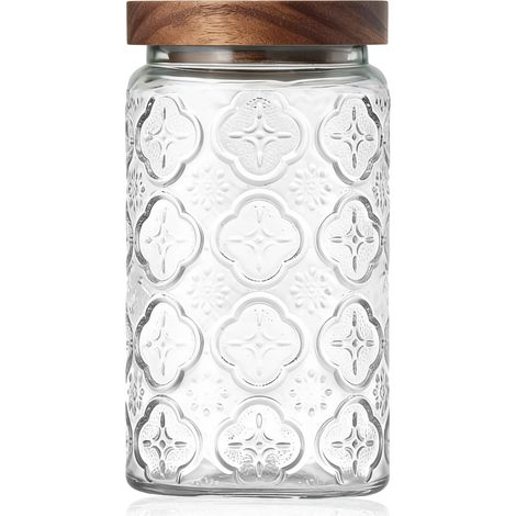 Bocal en verre vintage avec couvercle en bois – Boîtes hermétiques pour comptoir de cuisine, salle de bain, rangement de bonbons, biscuits, café, apothicaire, sucre, farine, friandises (1/5)
