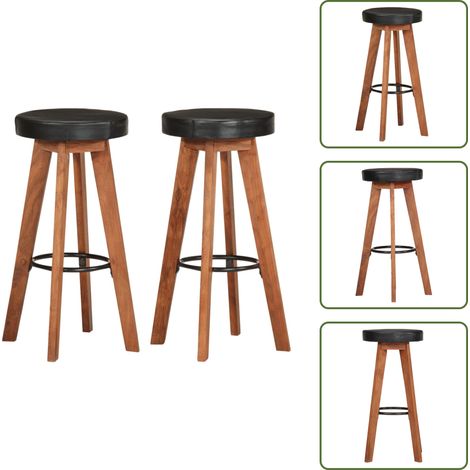 Tabourets de bar 2 pcs Cuir véritable et bois d'acacia solide - Tabouret De Bar - Chaise De Bar - Fauteuil De Bar - Mobilier Retro - Meubles Design (1/5)