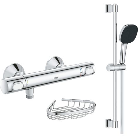 Mezclador termostático para ducha GROHE Precision Flow + conjunto de ducha de 2 chorros con barra + jabonera