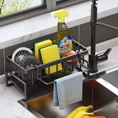 Kitchen Storage and Organization, Stainless Steel Sink Organizer with Automatic Drain Tray for Sponge Holder, Towel Rack, Great Bathroom Accessories - Black. MUMU (1/4)