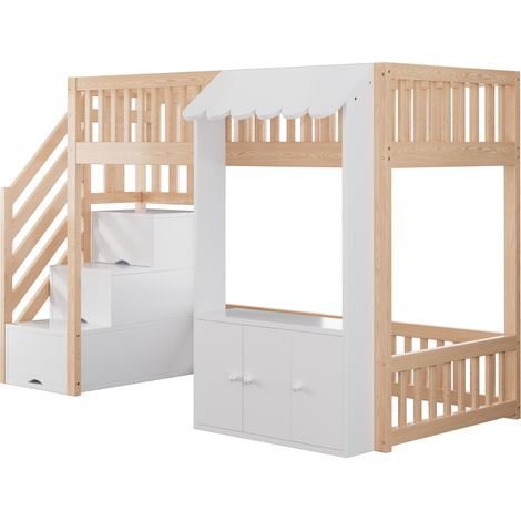 Hochbett 90 x 200 cm mit Stauraumtreppe, mehrfarbiger LED, Holzoptik, MODENUIT (1/5)