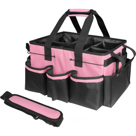 Grand panier de rangement pour fournitures de nettoyage – avec planche de support robuste – Sac à outils multi-poches – Convient pour les fournitures de nettoyage – Sac fourre-tout imperméable (rose) (1/5)