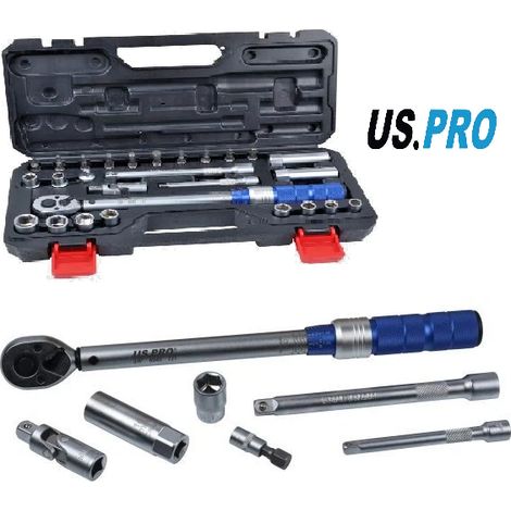 Us Pro 3/8"" Torque Wrench Socket Set 27pc Extension Bar Set In Case 5-50nm 6940