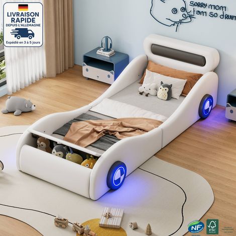 Lit enfant 90x200 cm, roues éclairées, lit simple avec rangement, forme voiture, simili cuir, sans matelas, Bois Certifié PEFC - blanc (1/5)