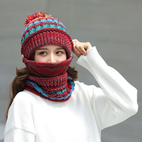 Bonnet écharpe cache-visage intégré pour femme et fille, doublure polaire hiver avec pompon décoratif