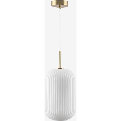 Sklum – Suspension en métal et verre – Abat-jour en verre plissé – Hauteur 190 cm – Largeur 126 cm – Culot E-27 – Finition dorée