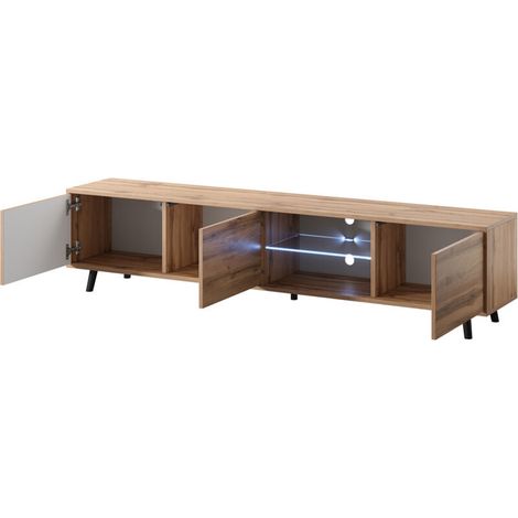 Mobile TV Moderno Con 3 Ante Battenti Vano Centrale Con Ripiano In Vetro E LED In Melaminico Con Piedini In Metallo Per Soggiorno Salotto Zona Living 175 X 40 X 31.5 Cm Rovere (1/5)