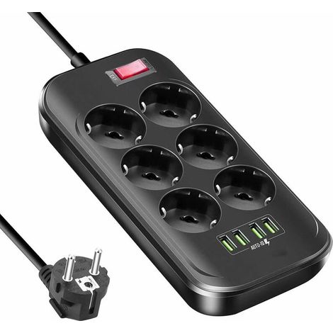 Power Strip with 6 Sockets and 4 USB 3.4A Maximum, Multi Socket with Switch, 2m Cable, Surge Protector and Surge Protector for Smartphone Tablet, Home and Office 2500W / 10A (1/5)
