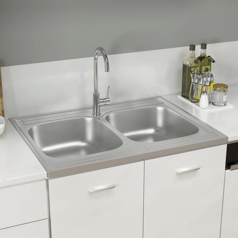 Évier de cuisine à double lavabo,Évier 2 Bacs,Vasque pour cuisine argenté 800x600x155 mm inox MEMV669944 (1/5)