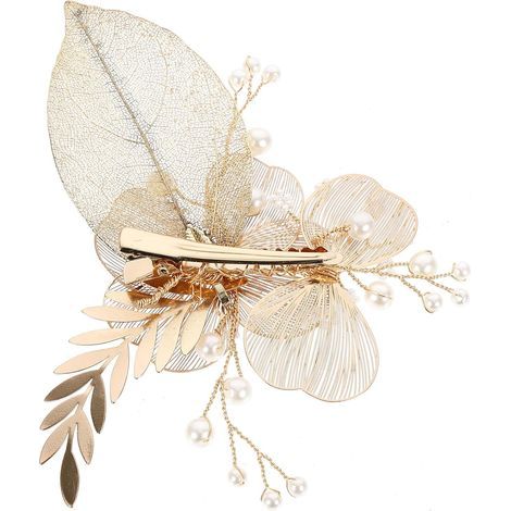 Barrette de Mariée en Cuivre Or Perles, Pince à Cheveux Facile à Mettre et Enlever pour Mariage Champêtre et Tenue Quotidienne (1/5)