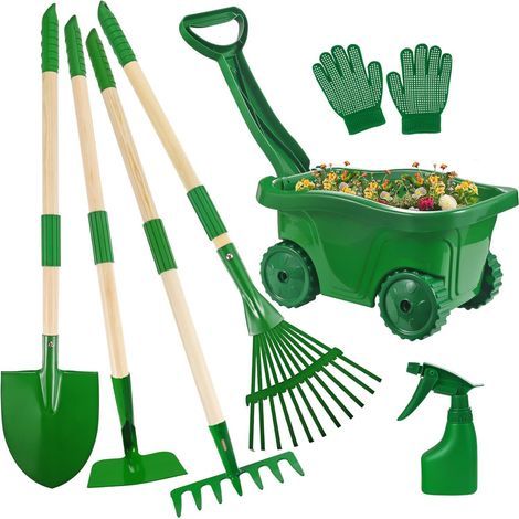 Kit d'Outils de Jardin pour Enfants 6 Pièces avec Brouette, Ensemble de Jardinage Vert pour Enfants avec Râteau, Pelle, Gants et Pulvérisateur (1/5)